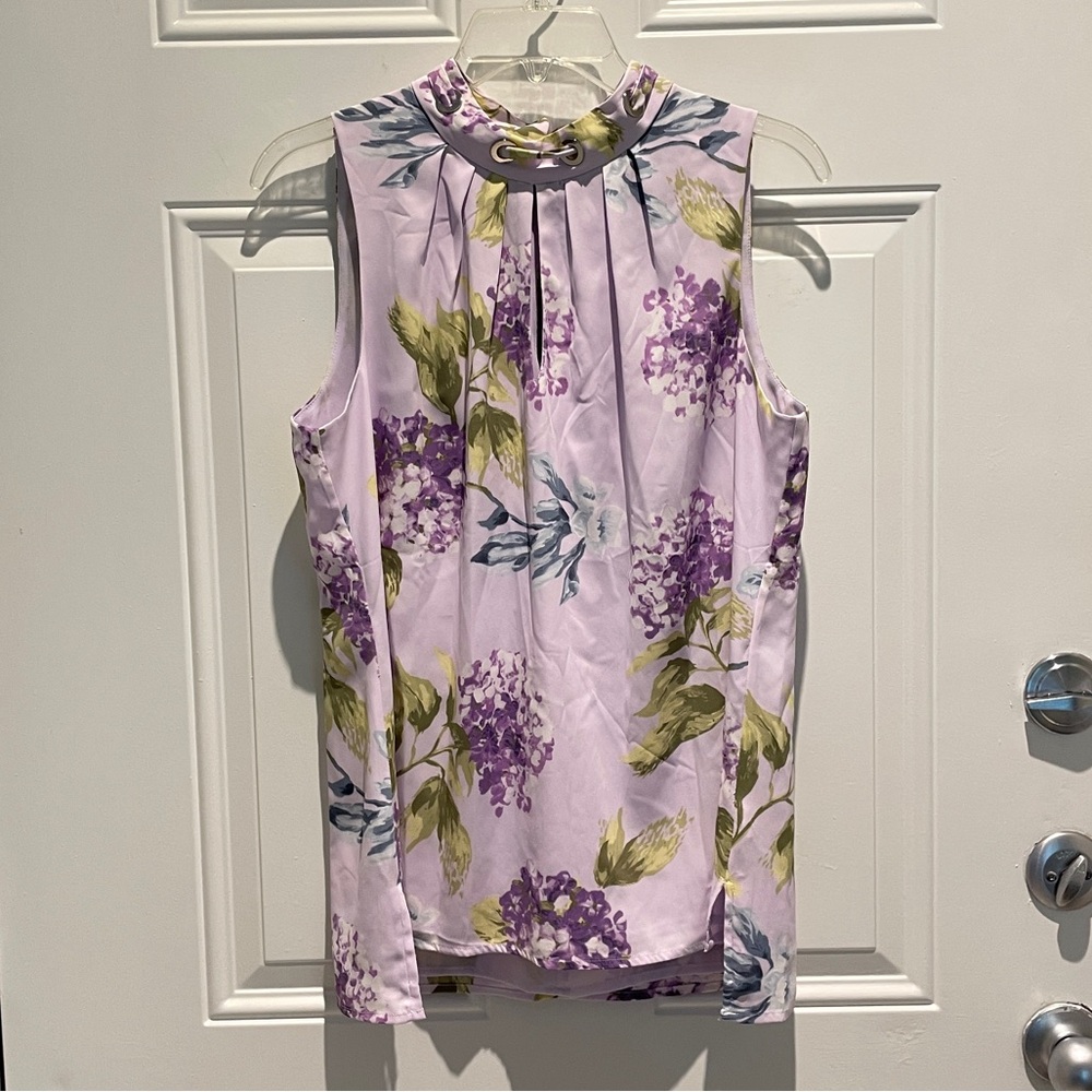 White House Black Market Purple Floral High Neck Sleeveless Top Size Medium